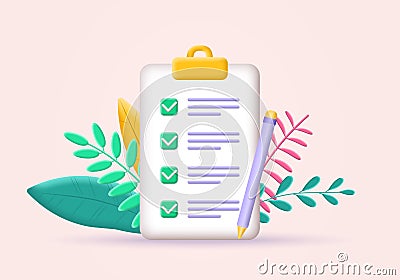 Checklist on clipboard. 3d check list icon. Paper, document with note or task. Test, business survey with check or tick marks. Vector Illustration